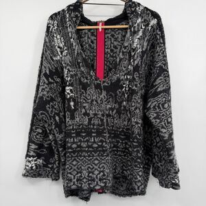 Free People Black Gray Fair Isle Wool Blend Raggy Hooded Pullover Sweater XS